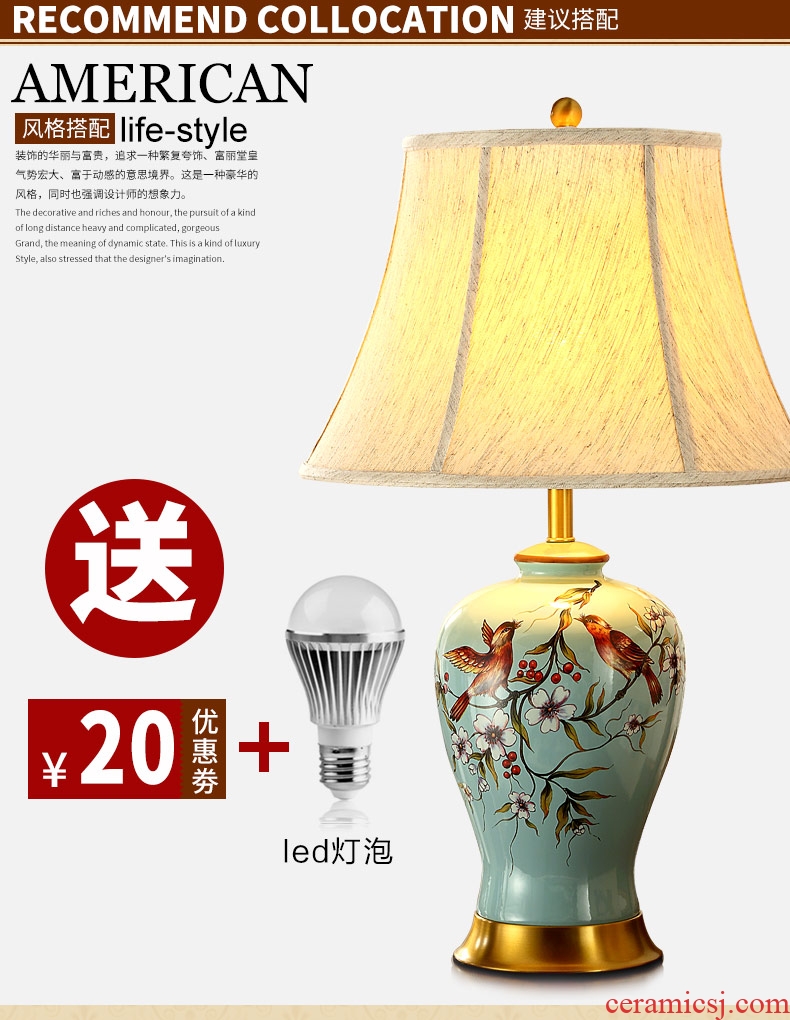 Ceramic lamp lamp of bedroom the head of a bed American retro full copper blue hand draw flowers and birds sitting room cloth art lamps and lanterns