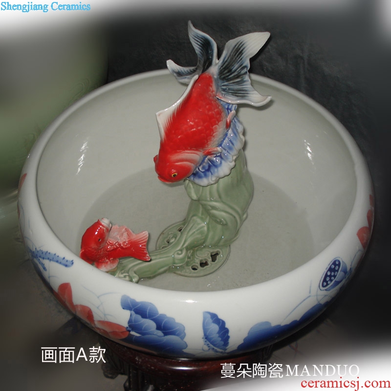 Jingdezhen porcelain high solid wood feet peony red goldfish fish fountain jingdezhen hand-painted fountain that occupy the home