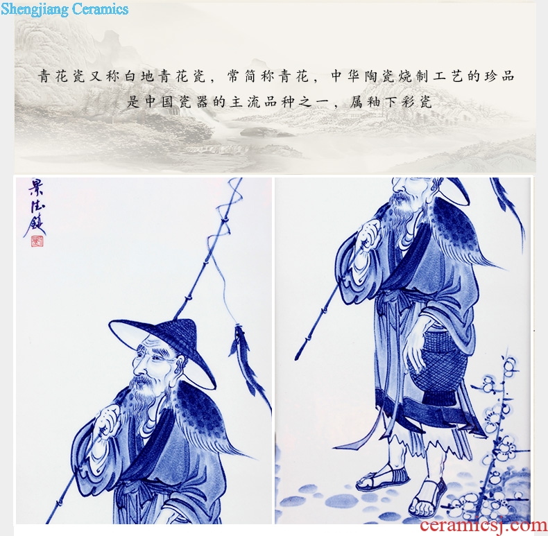 Hand the fishing qiao geng read jingdezhen porcelain plate painter in the sitting room background wall adornment hang a picture of four Chinese style screen