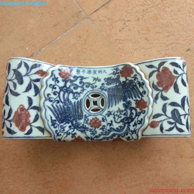 Jingdezhen hand-painted elegant high-grade ceramic pillow imitation of blue and white porcelain kiln green porcelain pillows