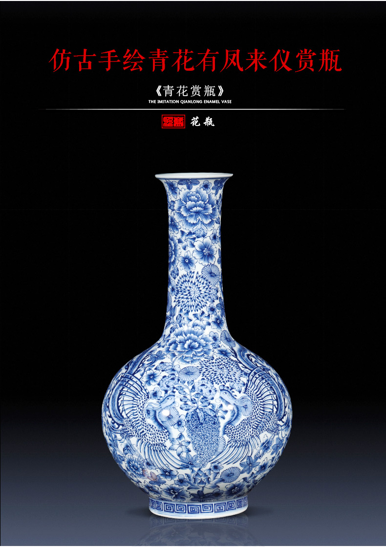 Jingdezhen ceramics imitation qianlong hand-painted blue and white porcelain vases, flower arranging new Chinese style living room home furnishing articles