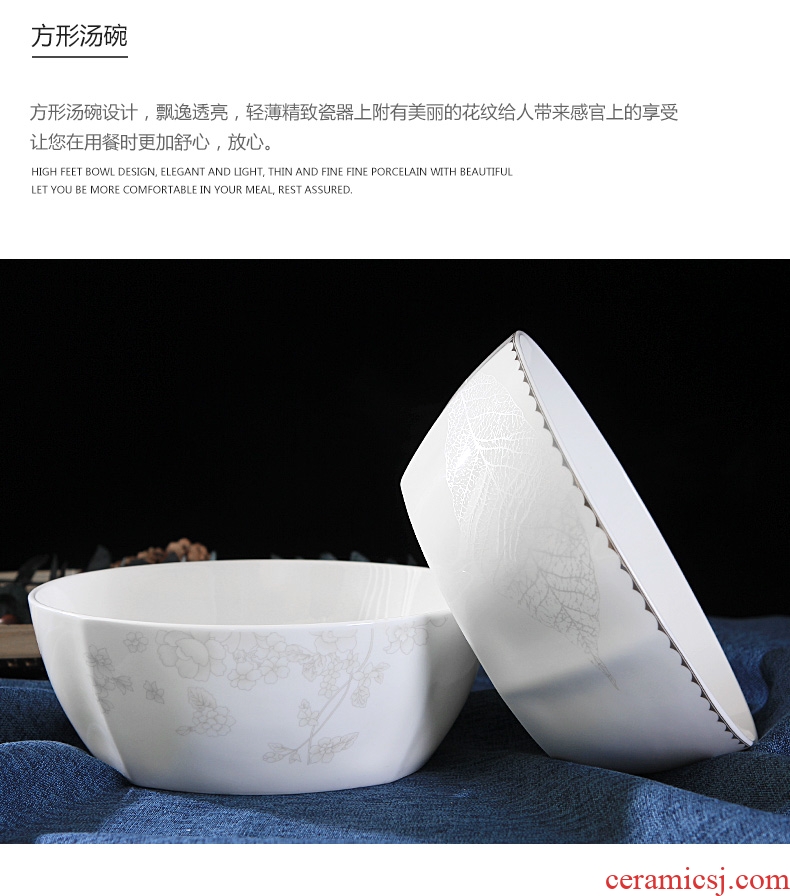 Jingdezhen ceramic dishes and rice bowls of household square Chinese tableware prevent hot to eat noodles bowl noodles in soup bowl contracted