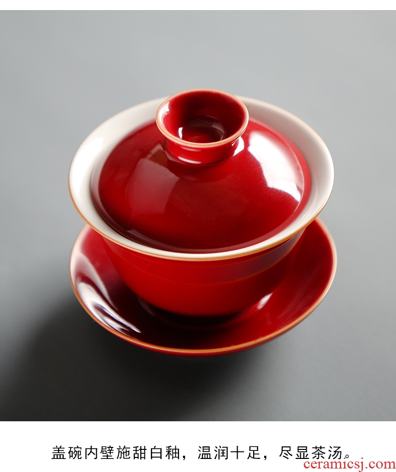 Bo yao ji red tureen tea set ceramic large red worship bowl three kung fu tea set marriage just tureen tea custom