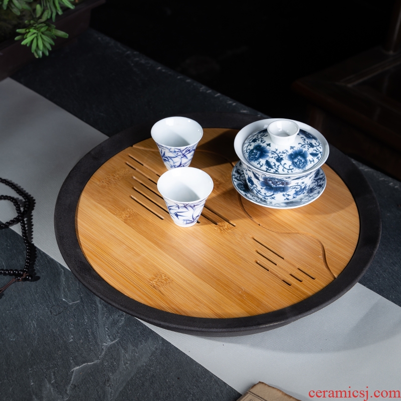 Blower, jingdezhen ceramic bamboo tea tray suit household kung fu tea accessories circular tray large dry foam