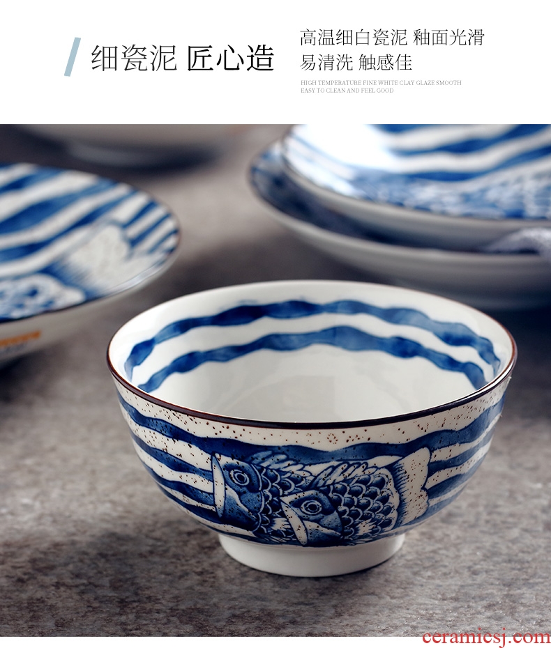 Ceramic bowl large household eat noodles bowl of soup bowl creative salad bowl Japanese hand-painted under glaze color restoring ancient ways of tableware