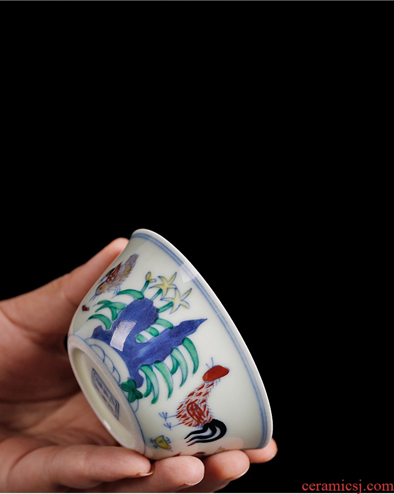 Chrysanthemum patterns bucket color chicken cylinder of jingdezhen pure manual hand-painted teacup kongfu master of blue and white porcelain cup single cup