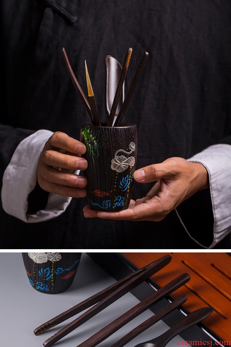 Jingdezhen ebony wood tea six gentleman's suit tea art combination furnishing articles ChaGa kung fu tea accessories with zero