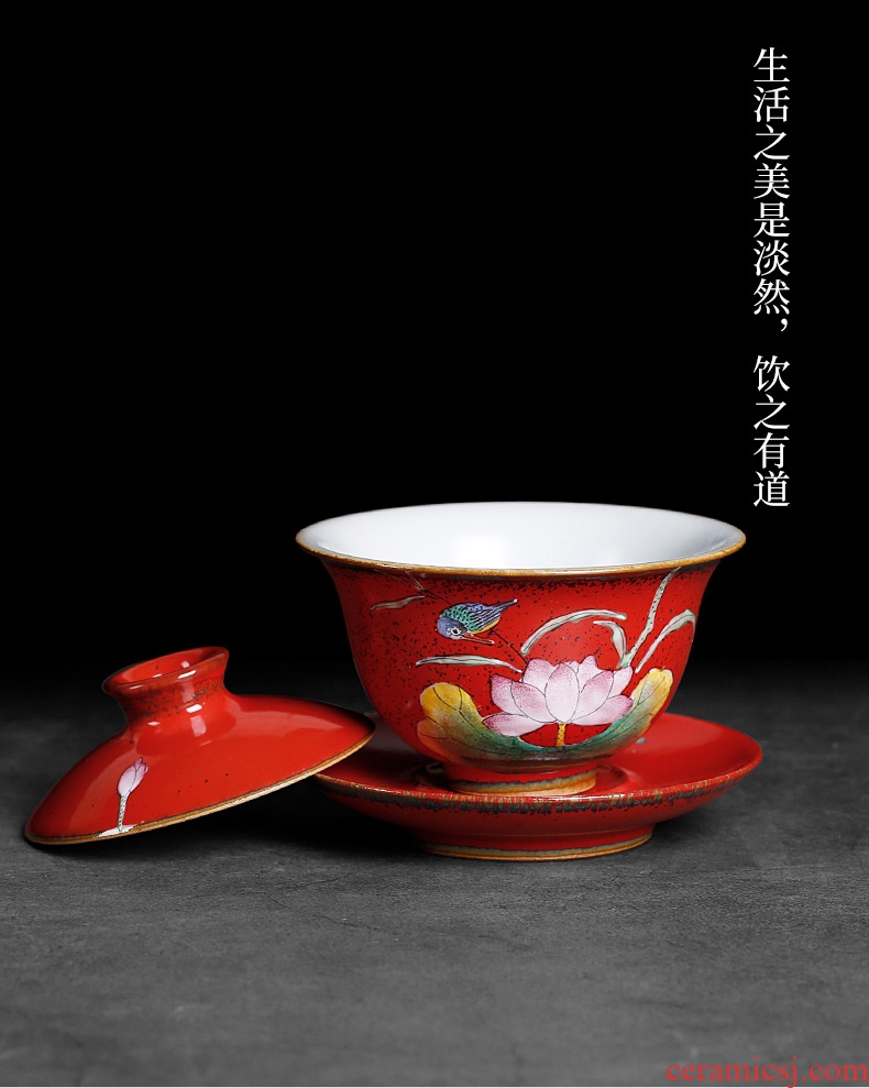 Chrysanthemum patterns of jingdezhen tureen pure manual variable red glaze hand-painted flowers only three bowl of tea with tea