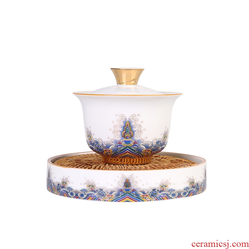 Colored enamel porcelain tureen household kung fu tea tea is white jade porcelain cups to bowl three cup size