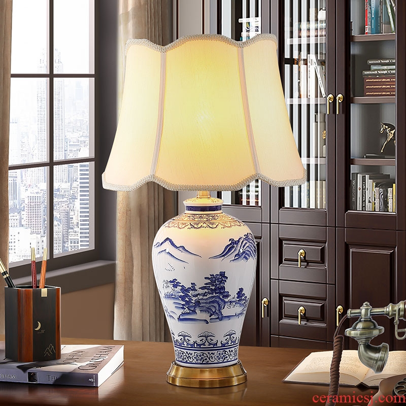 New Chinese style ceramic desk lamp after classical study contracted and contemporary sitting room creative landscape lamp of bedroom the head of a bed of blue and white porcelain