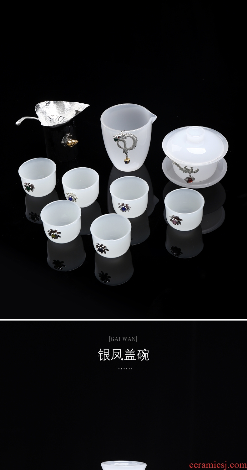 Recreational product of jingdezhen tea service suit household contracted and contemporary tureen tea coloured glaze jade white porcelain ceramics