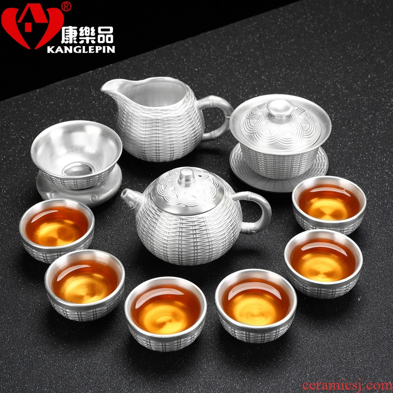 Recreational product tasted silver gilding kung fu tea set suit household contracted ceramic cup lid bowl silver tea service, 999