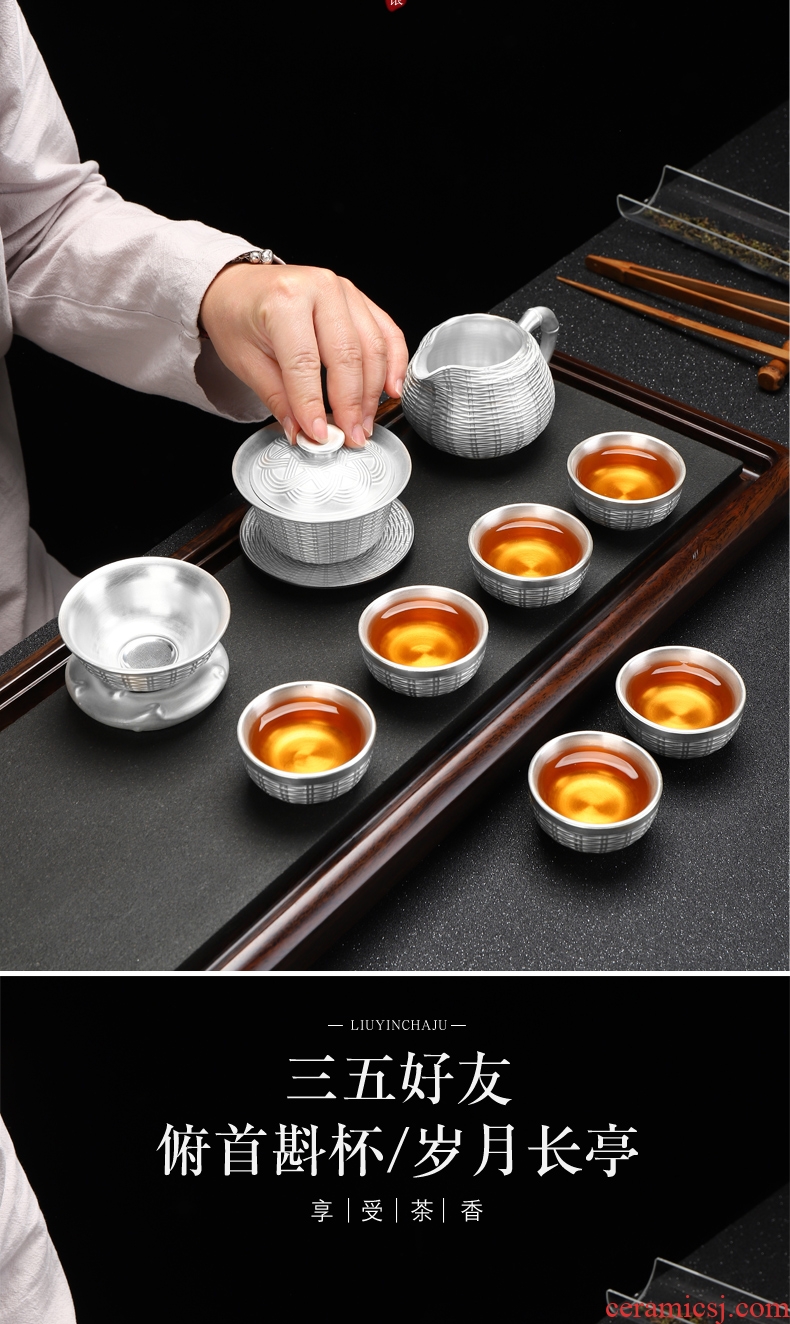 Recreational product tasted silver gilding kung fu tea set suit household contracted ceramic cup lid bowl silver tea service, 999