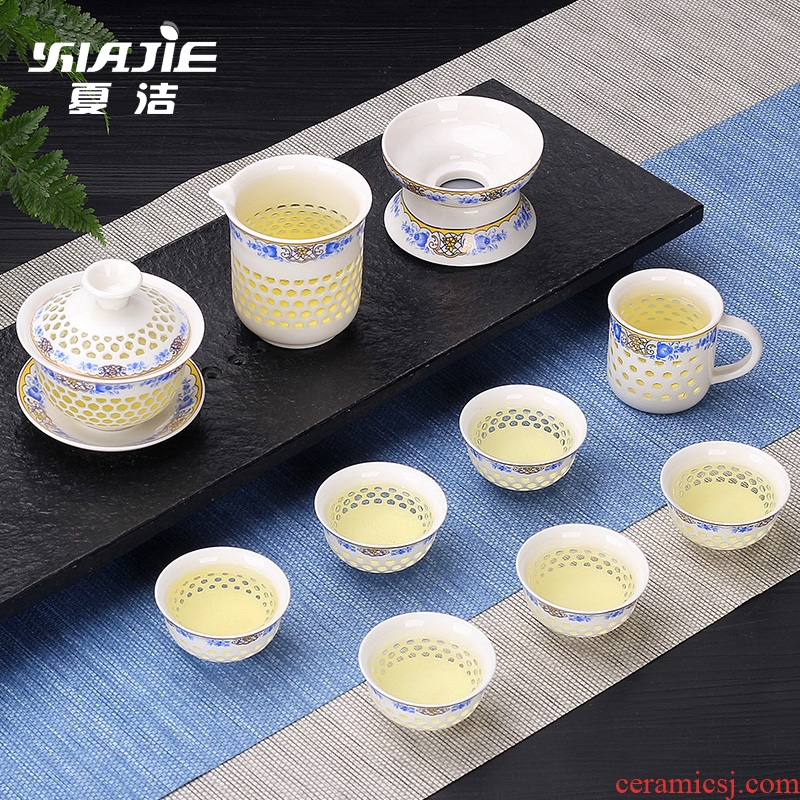 Four-walled yard kung fu tea sets tea cups and exquisite tea pot lid bowl of a complete set of jingdezhen ceramic tea tray household contracted