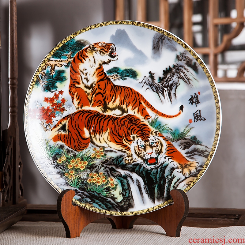 Jingdezhen ceramics Chinese tiger decoration plate ornamental hang dish sit plate home sitting room adornment study furnishing articles