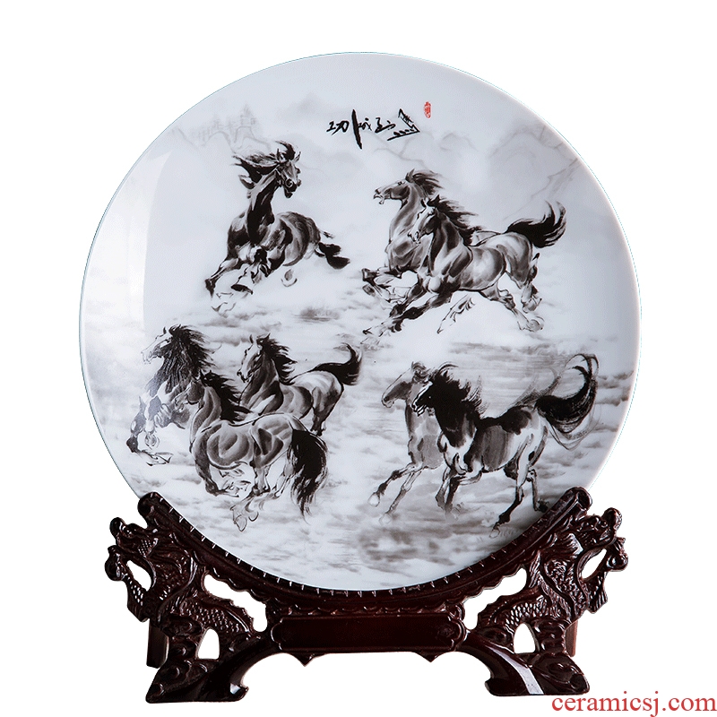 Jingdezhen ceramics ink eight steeds 10 inch decorative hanging dish sit home rich ancient frame office furnishing articles