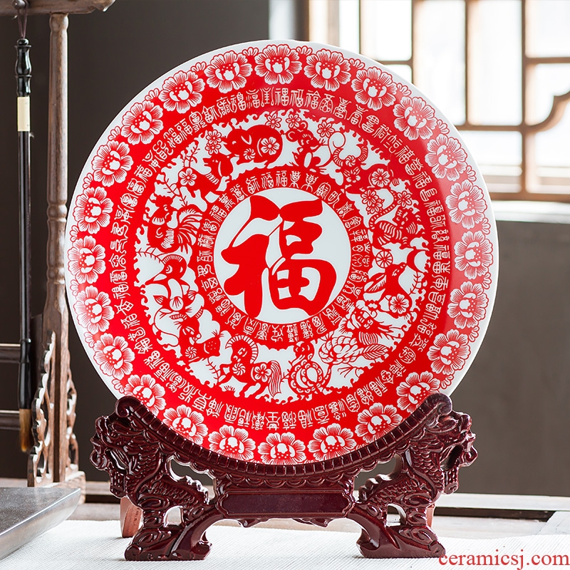 Jingdezhen ceramics China red paper-cut f decorative hanging dish sit home wine rich ancient frame handicraft furnishing articles