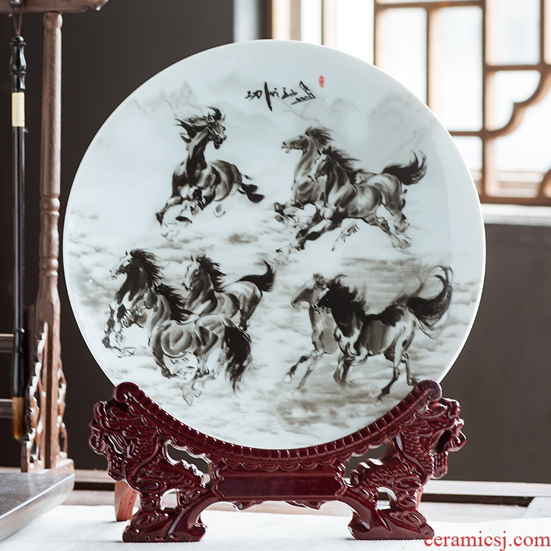 Jingdezhen ceramics ink eight steeds 10 inch decorative hanging dish sit home rich ancient frame office furnishing articles