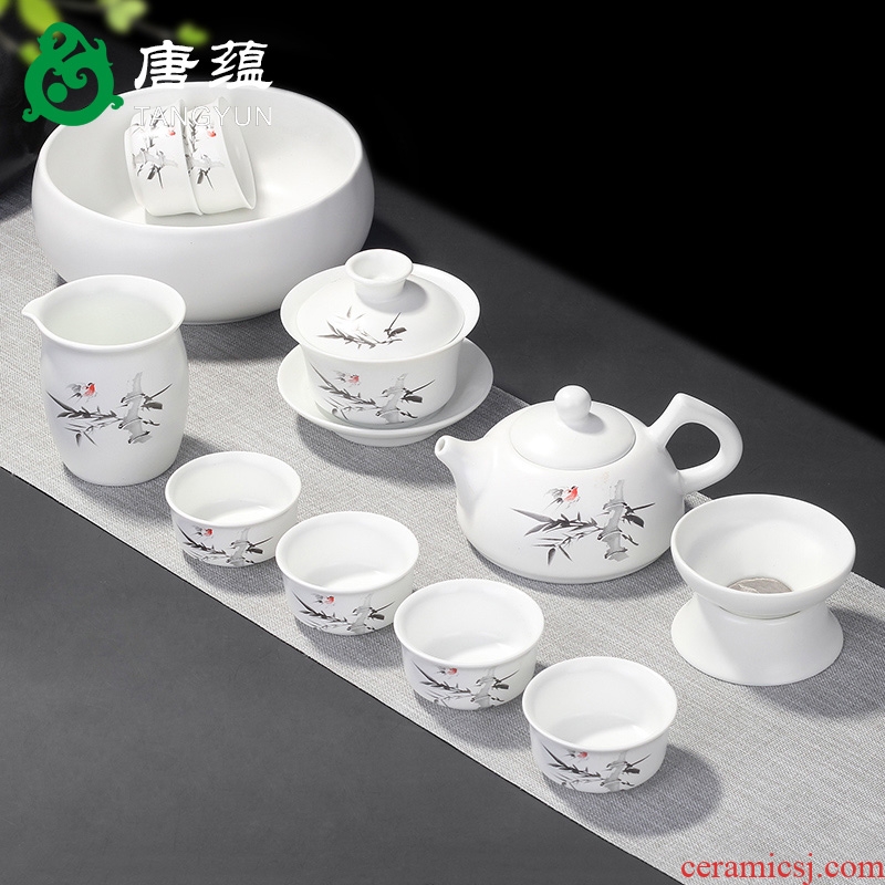 Tang aggregates ceramic kung fu tea set suit household teapot contracted and contemporary tea cups dehua white porcelain small set of ideas