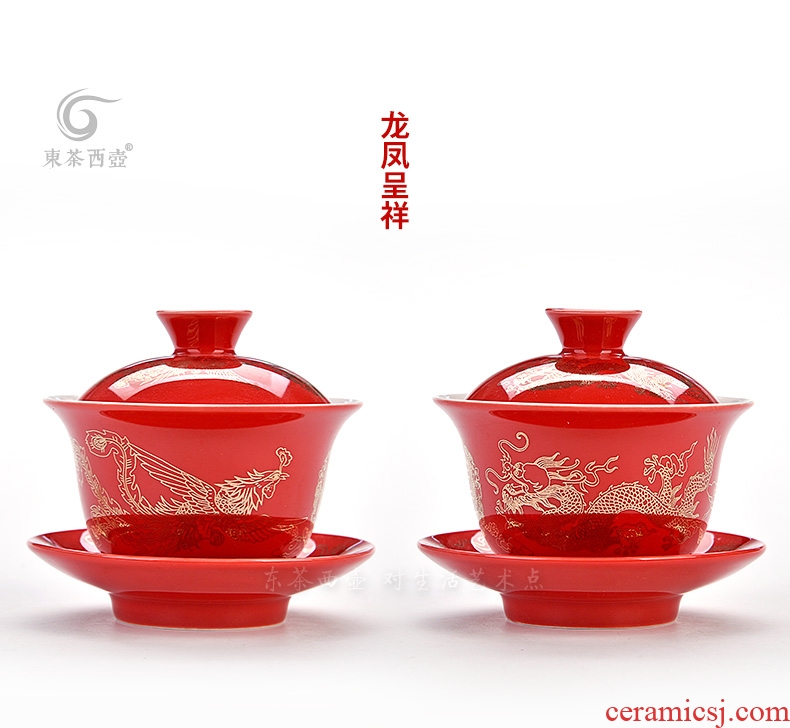 East west tea pot of red ceramic tureen married longfeng to cup double bowl suit wedding gift box shifted to worship the teacup