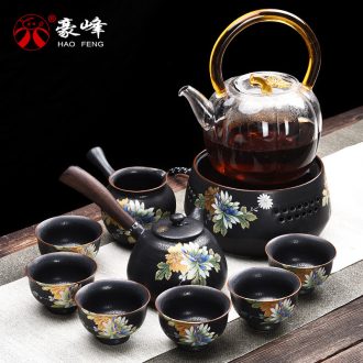 HaoFeng kung fu tea set ceramic hand painted black pottery teapot teacup household utensils side teapot gift boxes