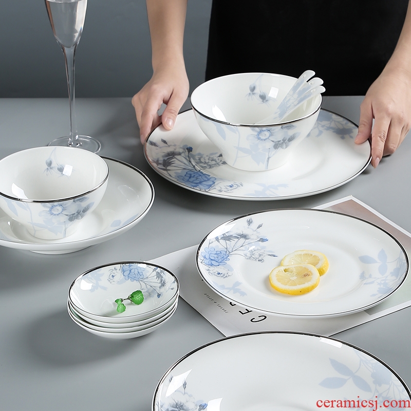 Chinese style household bone porcelain tableware suit creative craft colour porcelain dishes suit QingHuan ceramic bowl plate