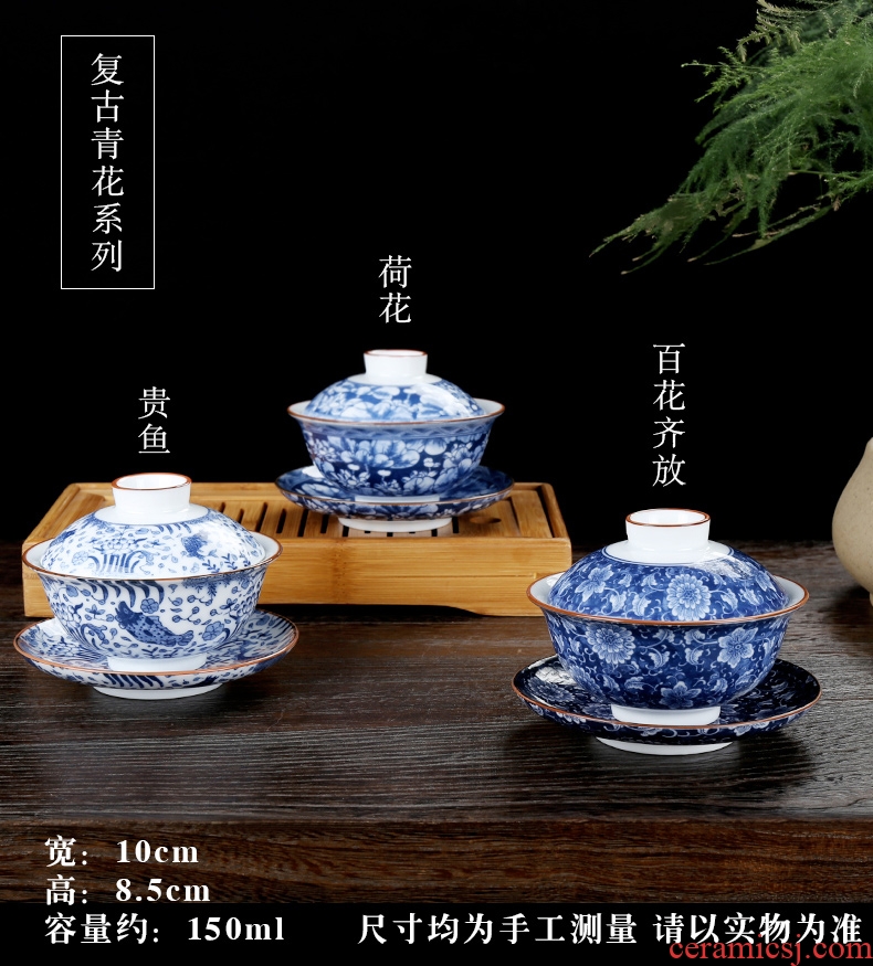 Tureen tea bowl large tea sets jingdezhen blue and white porcelain ceramic white porcelain tea bowl three bowl hand grasp pot