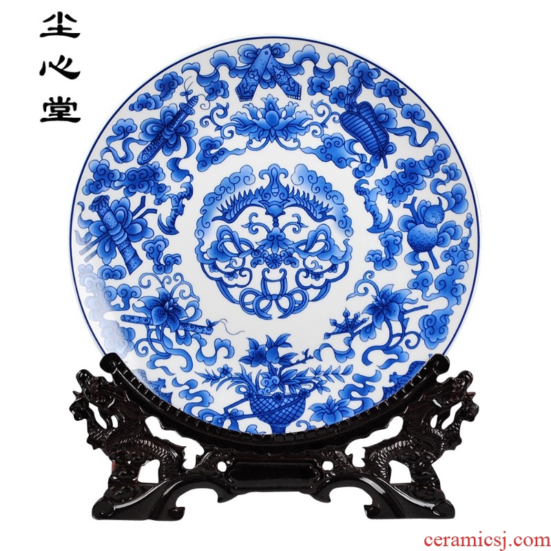 Dust heart 35 cm ruyi hang dish of blue and white porcelain of jingdezhen ceramics decoration plate modern classical Chinese style
