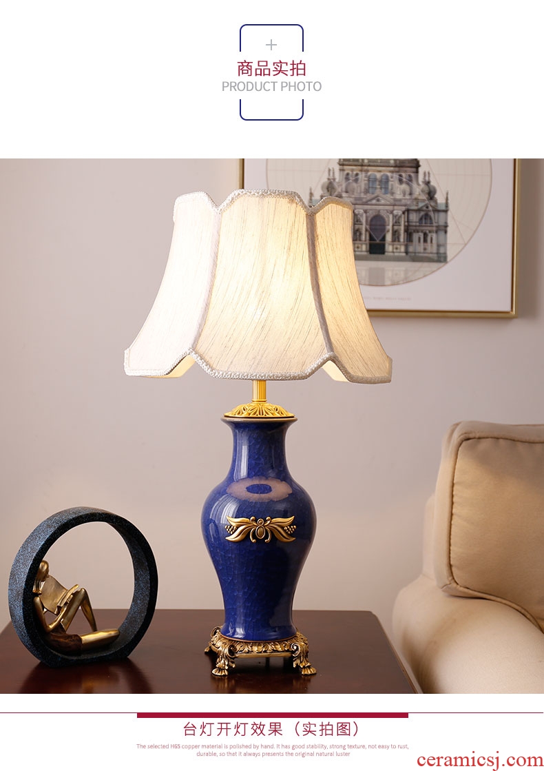 American ceramic desk lamp study bedroom berth lamp retro sweet creative decoration full copper ice crack ceramic lamp