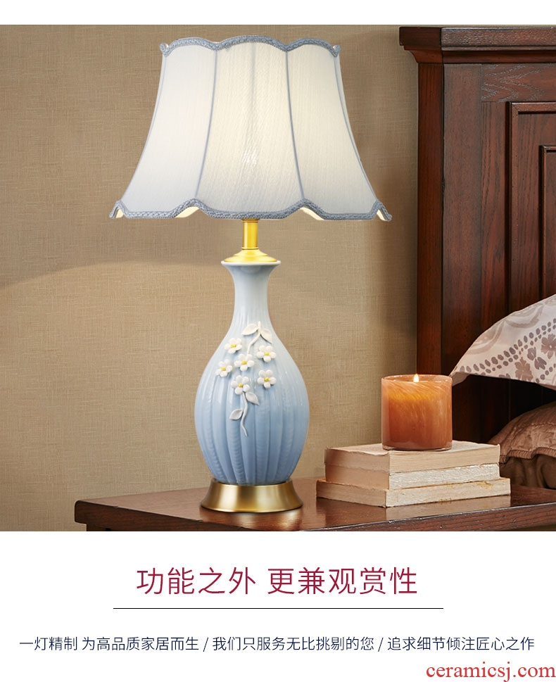 Pale blue handmade ceramic creative romantic european-style full copper lamp American sitting room sweet bedroom berth lamp