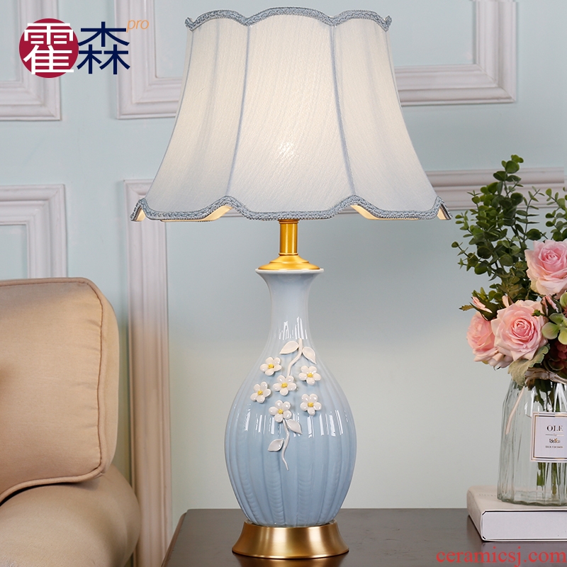 Pale blue handmade ceramic creative romantic european-style full copper lamp American sitting room sweet bedroom berth lamp