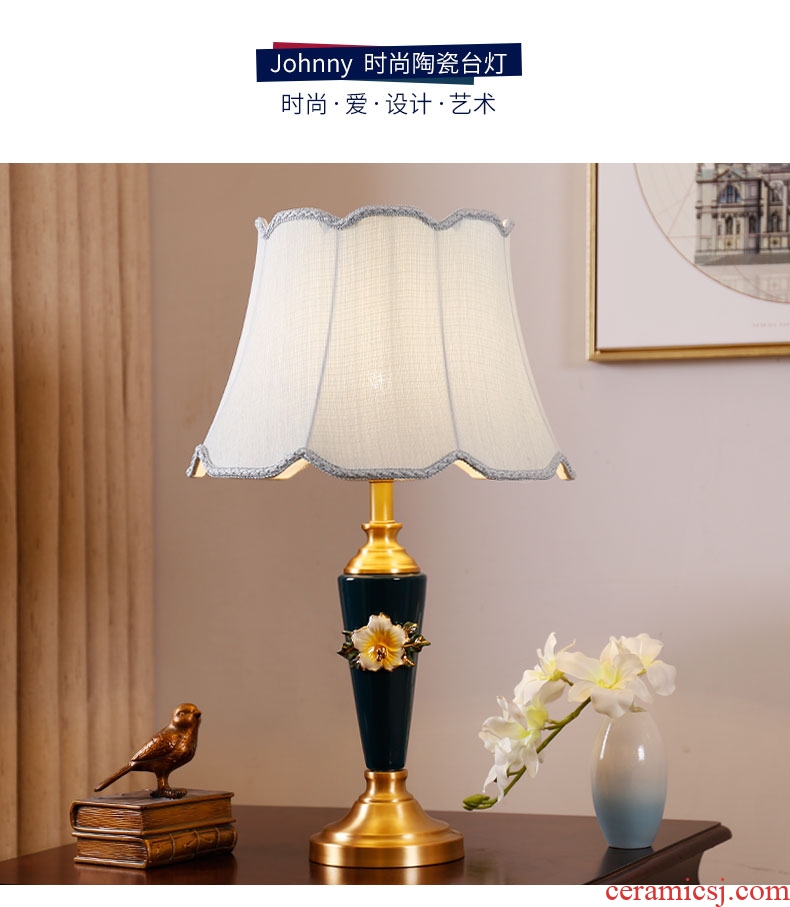 Girls bedroom lamp American simple modern ceramic bedside lamp new pure copper continental warm sitting room lamps and lanterns