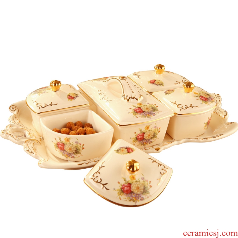Europe type dry fruit tray dried fruit box frame with cover creative ceramic bowl sitting room candy box of candy plate of Chinese New Year the Spring Festival