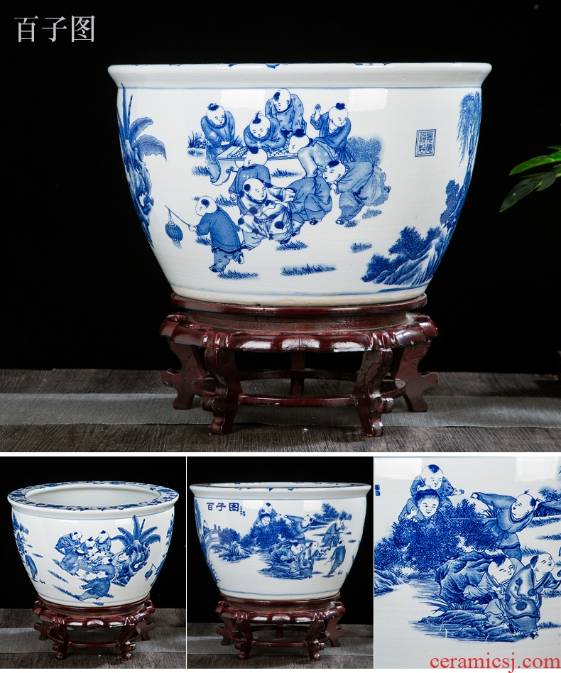 Blue and white porcelain jar of jingdezhen ceramics ceramic aquarium tank big lotus lotus cylinder landing fish tank feng shui furnishing articles