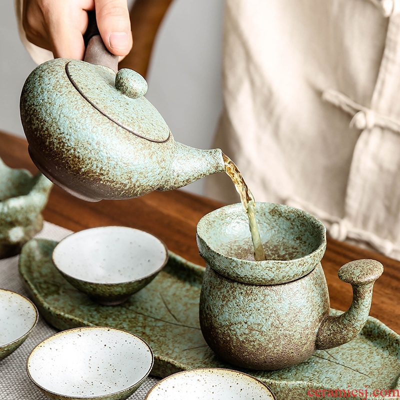 Bo yiu Japanese coarse pottery kung fu tea set a pot of four cups of household ceramic portable travel crack cup teapot