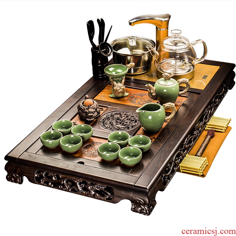 Auspicious industry ebony wood tea tray tea set ceramic violet arenaceous household kung fu suit of a complete set of full automatic quick furnace