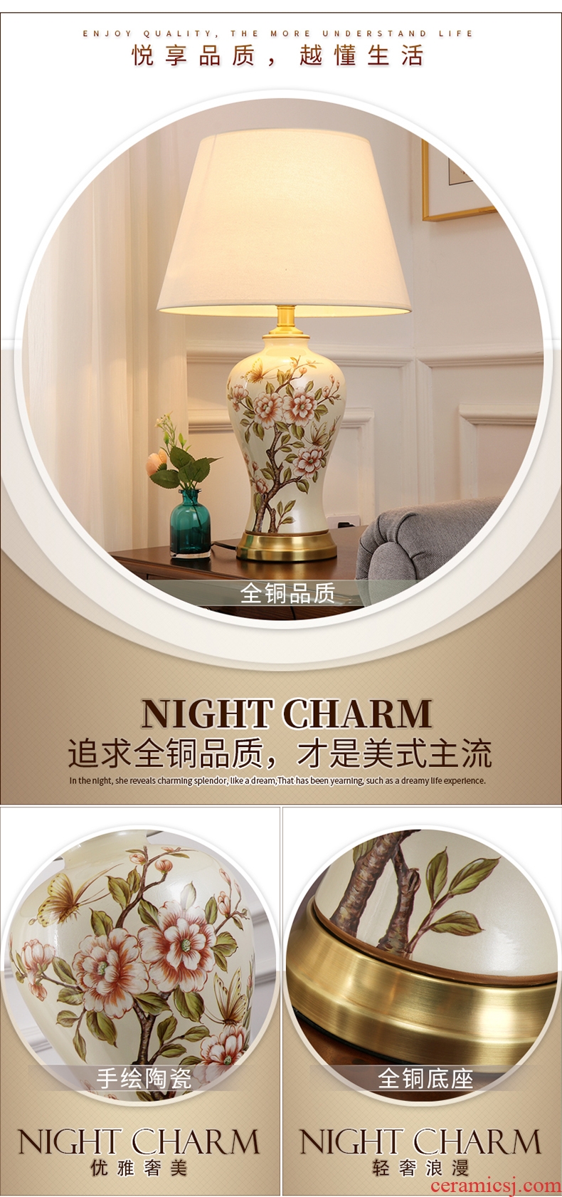 Desk lamp of bedroom the head of a bed lamp, contemporary and contracted creative new Chinese style living room warm and romantic home adjustable light ceramic lamp