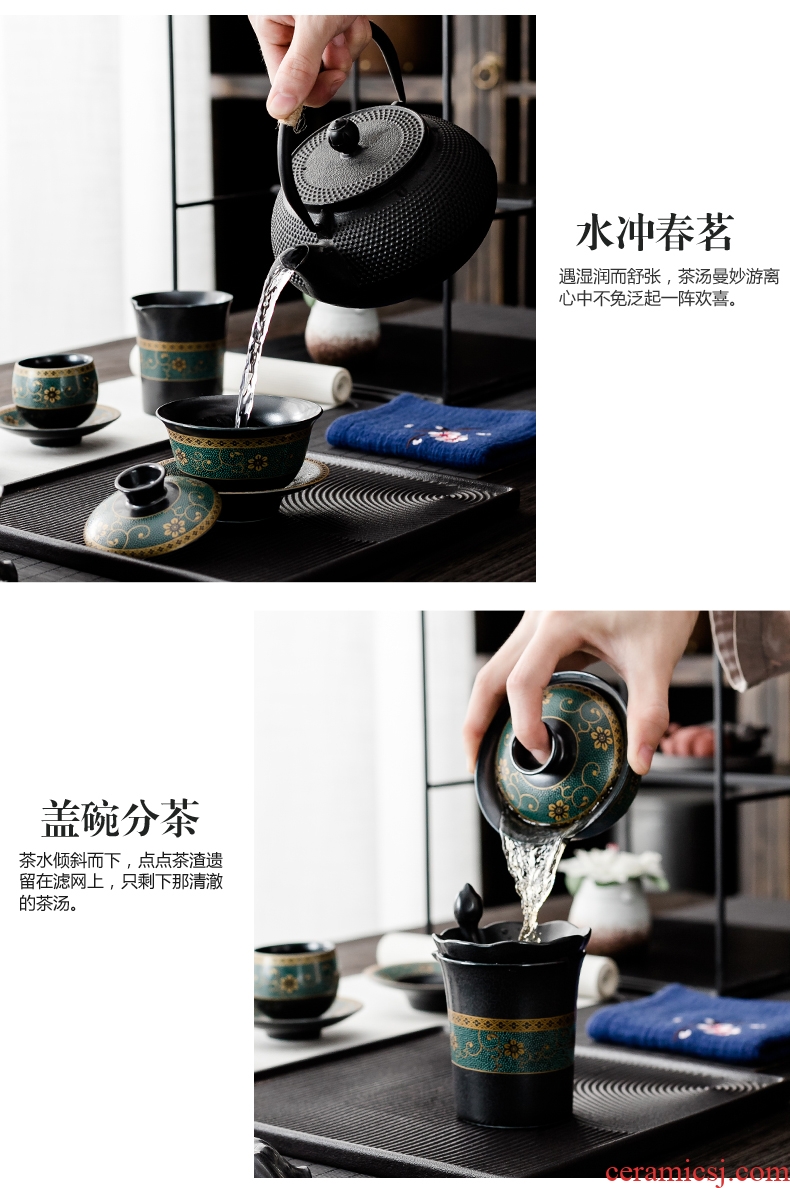 Qin Yi home old piece of black pottery clay ceramic retro kung fu tea set the whole office lid bowl of tea cups