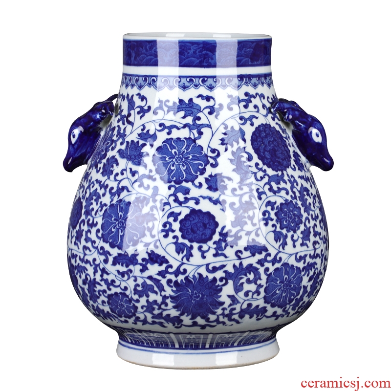 Jingdezhen ceramics large blue and white vase landing ears flower arrangement sitting room adornment of Chinese style household furnishing articles