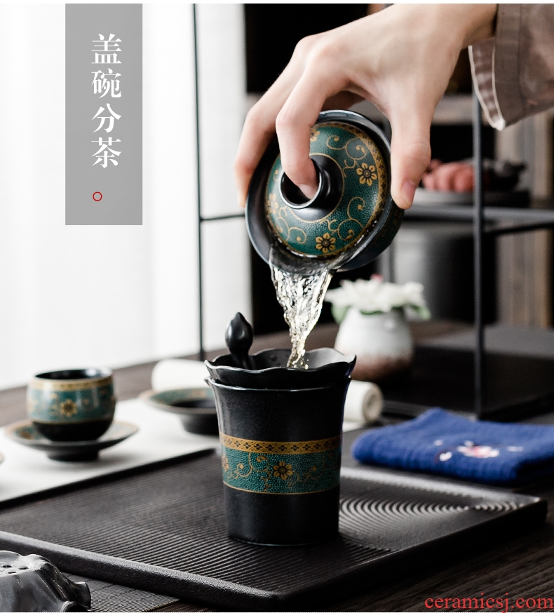 Qin Yi tureen large cups of black ceramic bowl three to old kung fu tea set coarse pottery mud home tea ware