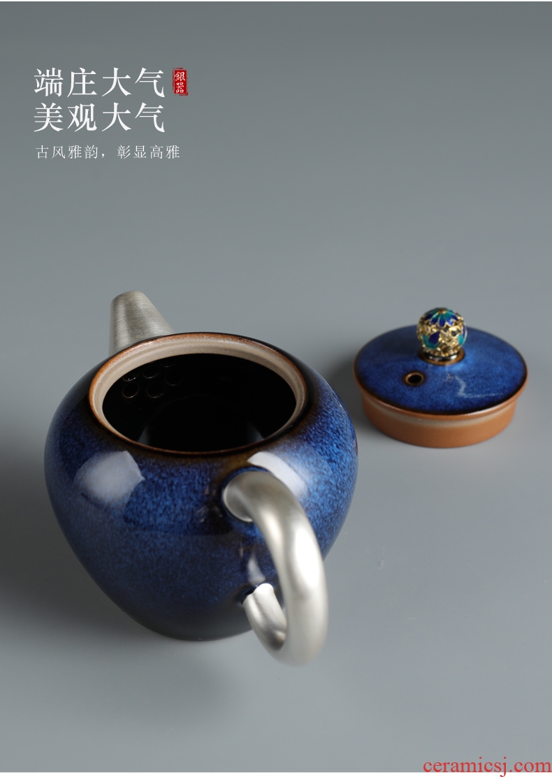 Is good source variable temmoku glaze ceramic teapot tea by hand is tasted silver gilding kung fu tea set blue TuHao creative single pot