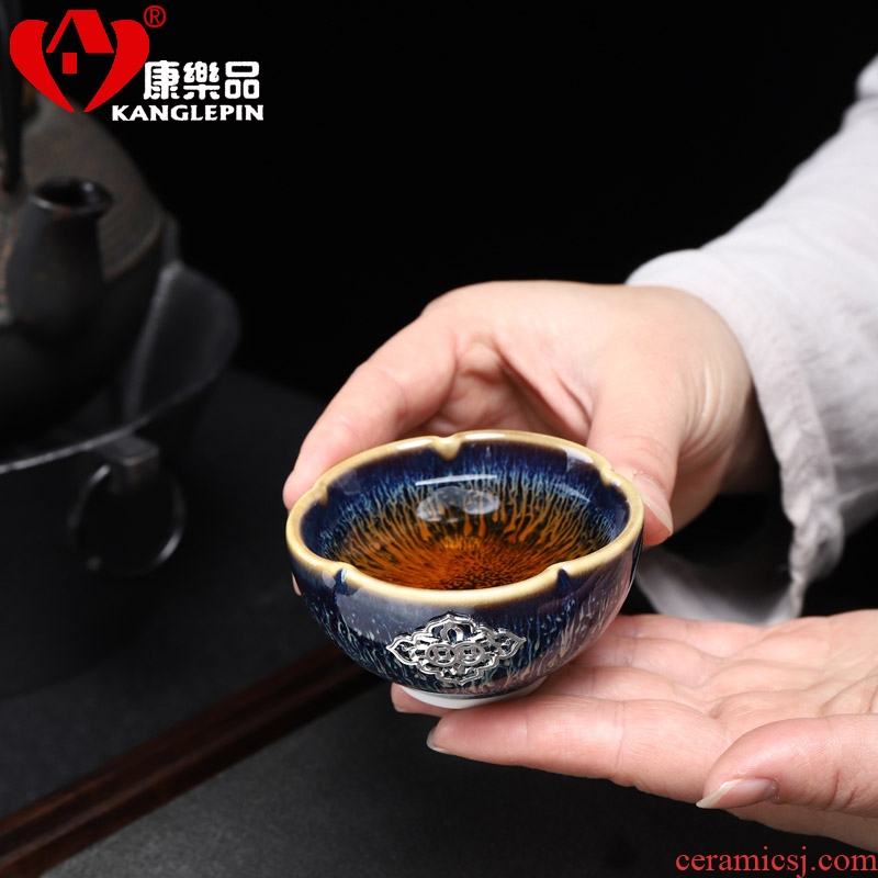 Recreational product jingdezhen kiln built red glaze, office tea set oil droplets of a complete set of silver inlaid auspicious sweet