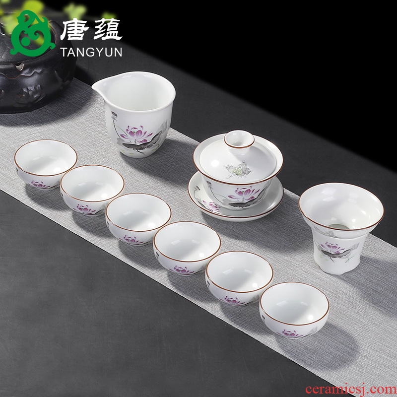 Tang aggregates ceramic kung fu tea set suit household teapot contracted and contemporary tea cups dehua white porcelain small set of ideas