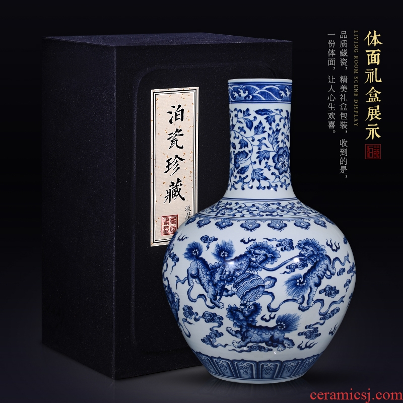 Jingdezhen ceramics archaize qianlong blue-and-white kirin play pearl celestial sphere of large vases, home furnishing articles