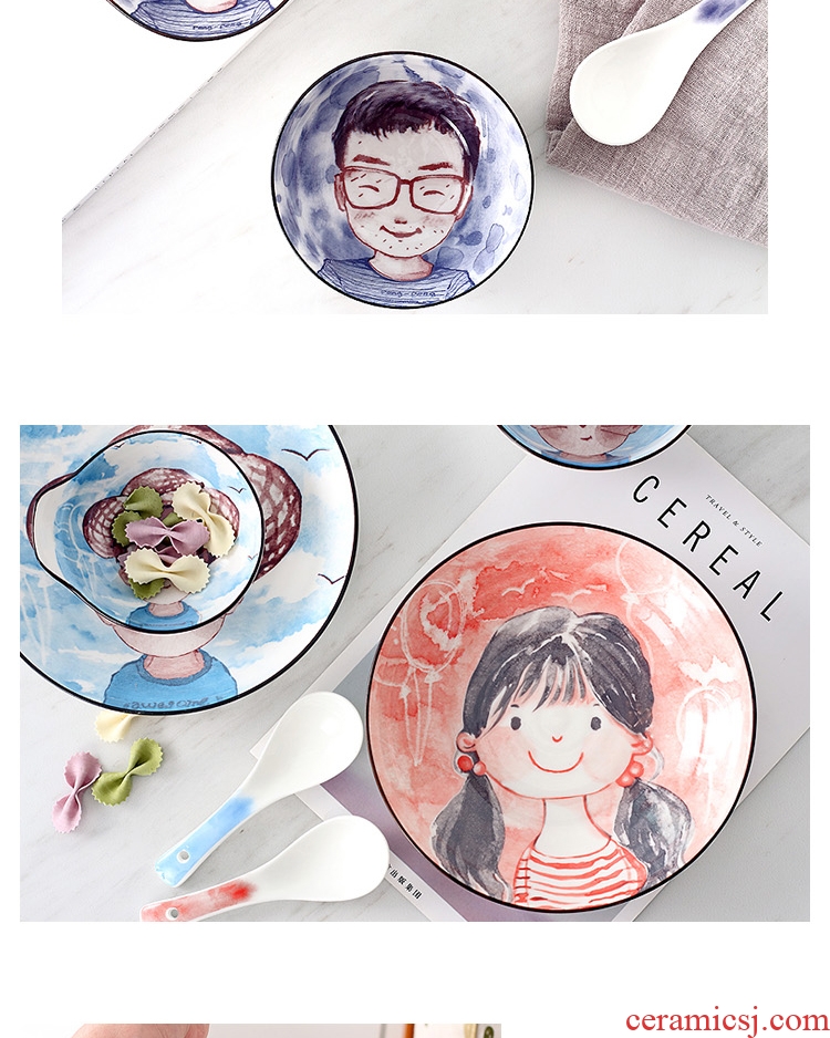 Jingdezhen eat dishes suit household creative cartoon ceramic bowl dish dish soup plate chopsticks spoons japanese-style tableware suit
