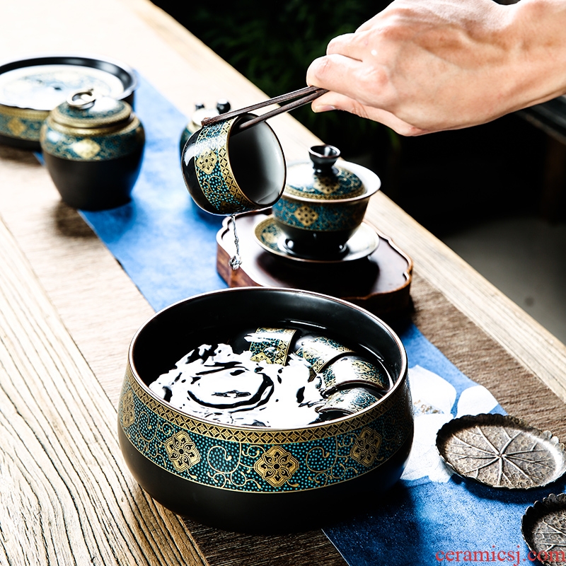Bo yiu gold kung fu tea set of household ceramic tea lid bowl of tea cups to wash the whole red glaze