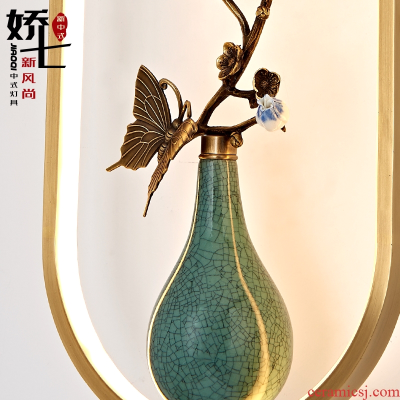 New Chinese style ceramic wall lamp all copper zen Chinese wind creative personality sitting room bedroom study club villa hotel