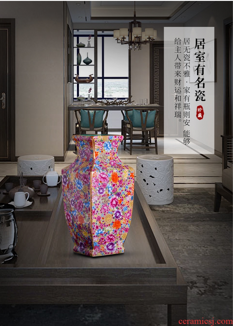 Jingdezhen ceramics powder enamel flower square bottle of the sitting room porch flower arrangement of Chinese style household decoration vase furnishing articles