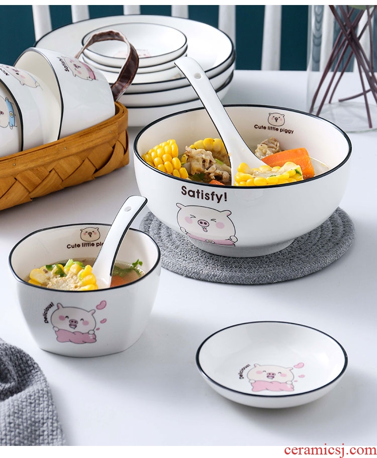 Ceramic dishes suit cute piggy contracted Korean home four dishes chopsticks combination tableware nice bowl