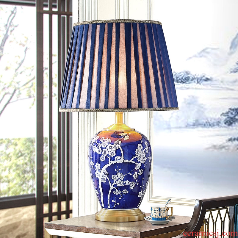 Jingdezhen blue and white porcelain ceramic desk lamp light blue of bedroom the head of a bed new classical Chinese style living room American club hotel